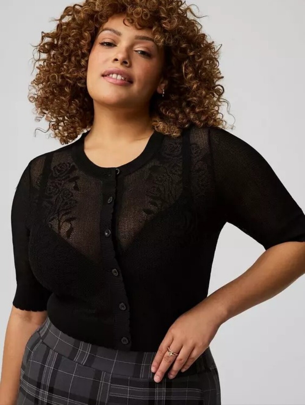 Torrid Pointelle Lace Button Front Crop Shrug